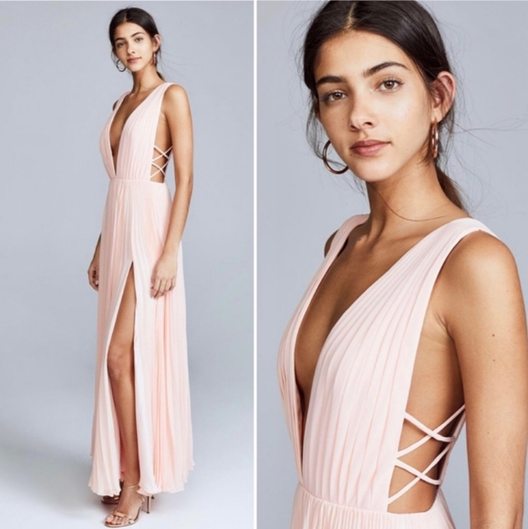 NWT Fame & Partners Allegra Dress Pink Pleated Deep V Side StrapS Maxi Slit 0 - Picture 1 of 11